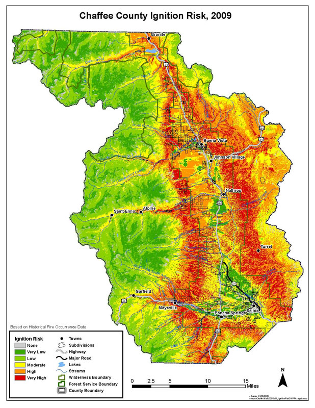 Chaffee County CWPP Ignition Risk Map, based on historical fire occurrence data.