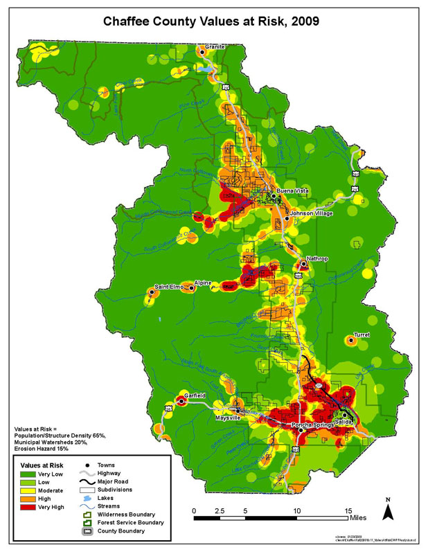 Chaffee County CWPP Values at Risk  Map, weighted for population/structure density, 65%; municipal watersheds, 20%; and erosion hazard, 15%.